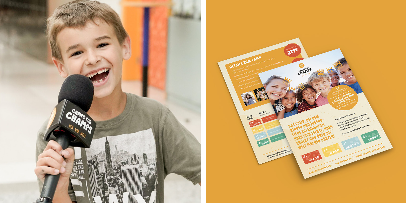 A boy holding a microphone while showcasing a flyer.