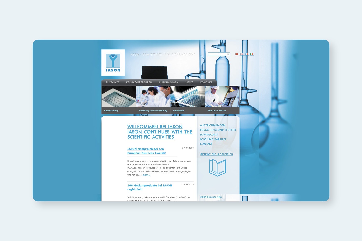 Ein IASON-Website-Design, das ein Labor mit blauem Hintergrund darstellt.