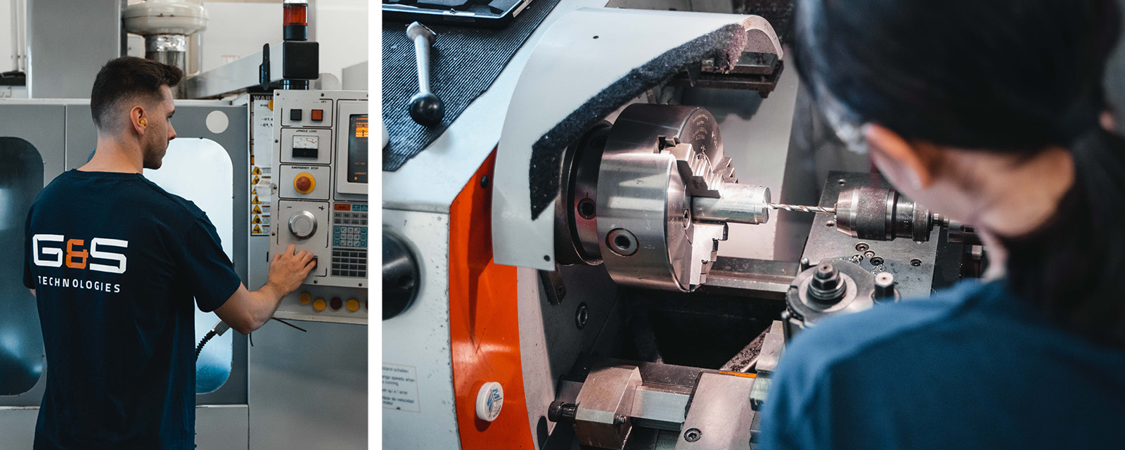 Two pictures of a man working on a machine.