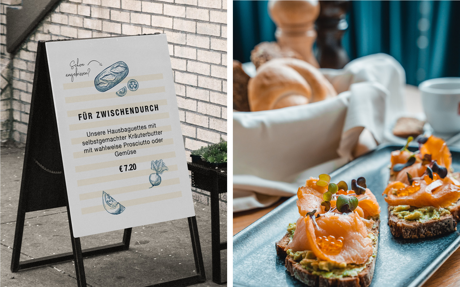 Two pictures of food and a sign in front of a restaurant.