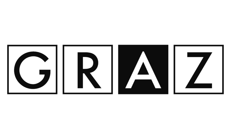 Ein schwarz-weißes Logo mit dem Wort „graz“, inspiriert von der Stadt Graz.