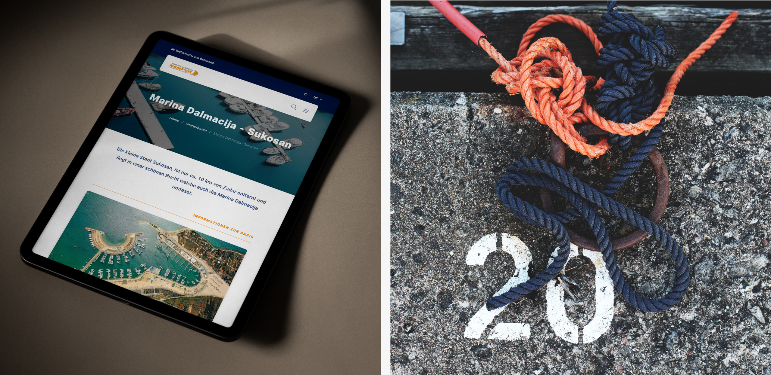 Ein Tablet mit einem Seil darauf und ein Tablet mit einem Seil darauf, das für Yachtcharter verwendet wird.