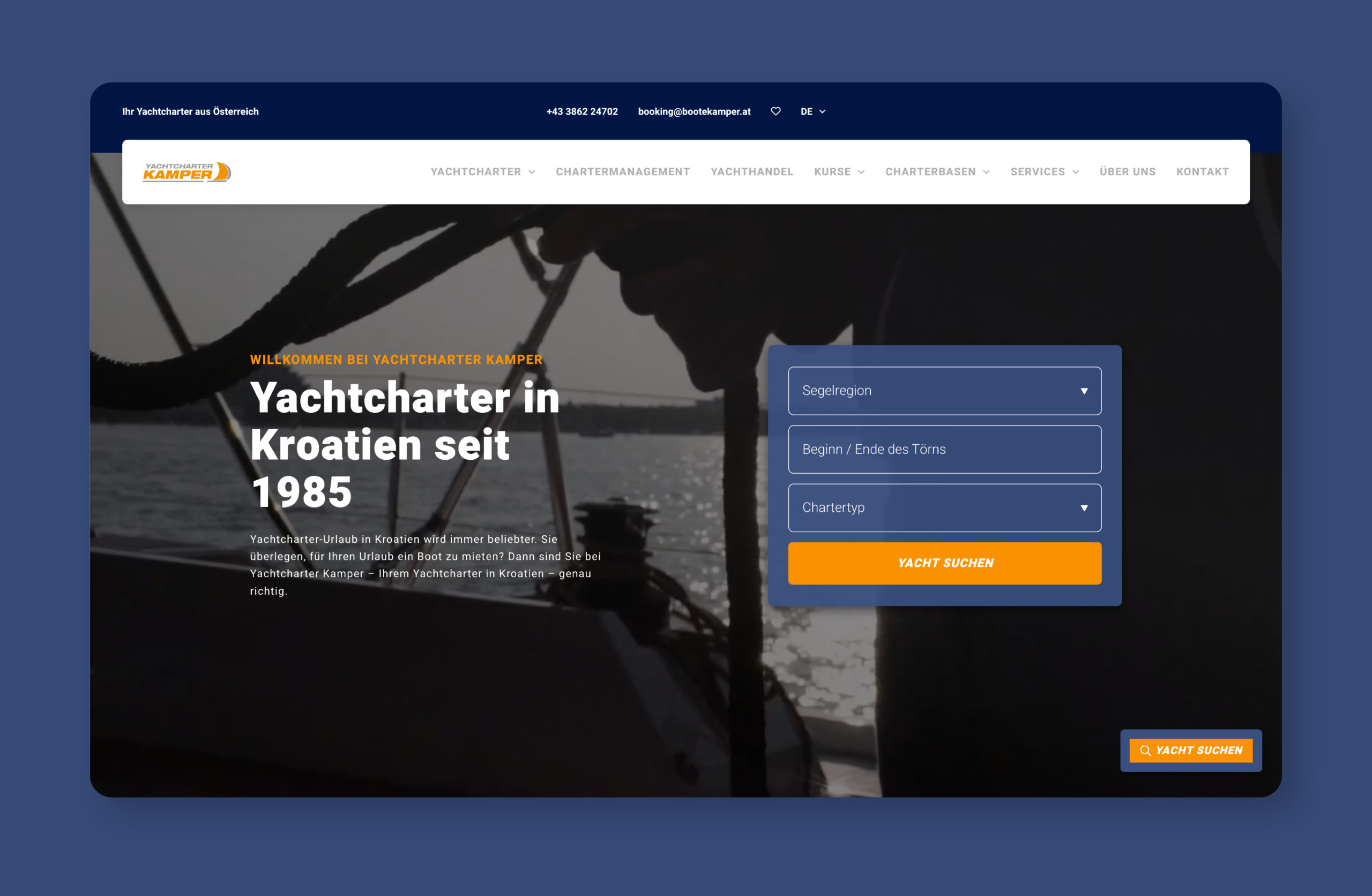 Ein Website-Design für Yachtcharter Kamper, ein Bootscharterunternehmen.