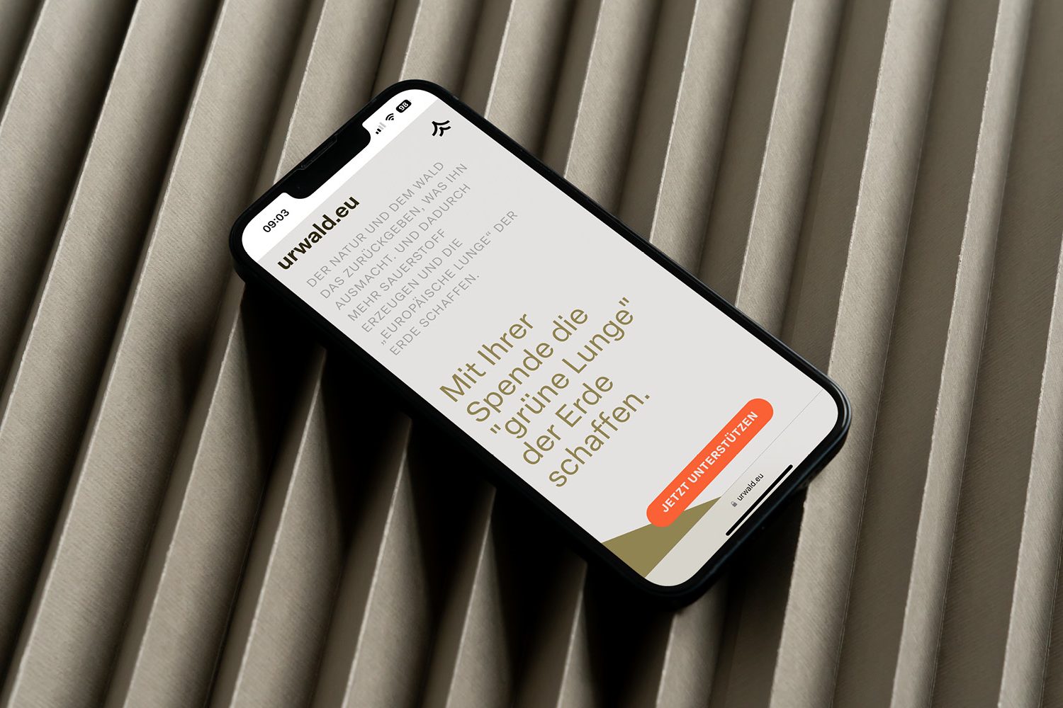 Ein iPhone liegt auf einem gestreiften Hintergrund mit urwald.eu.
